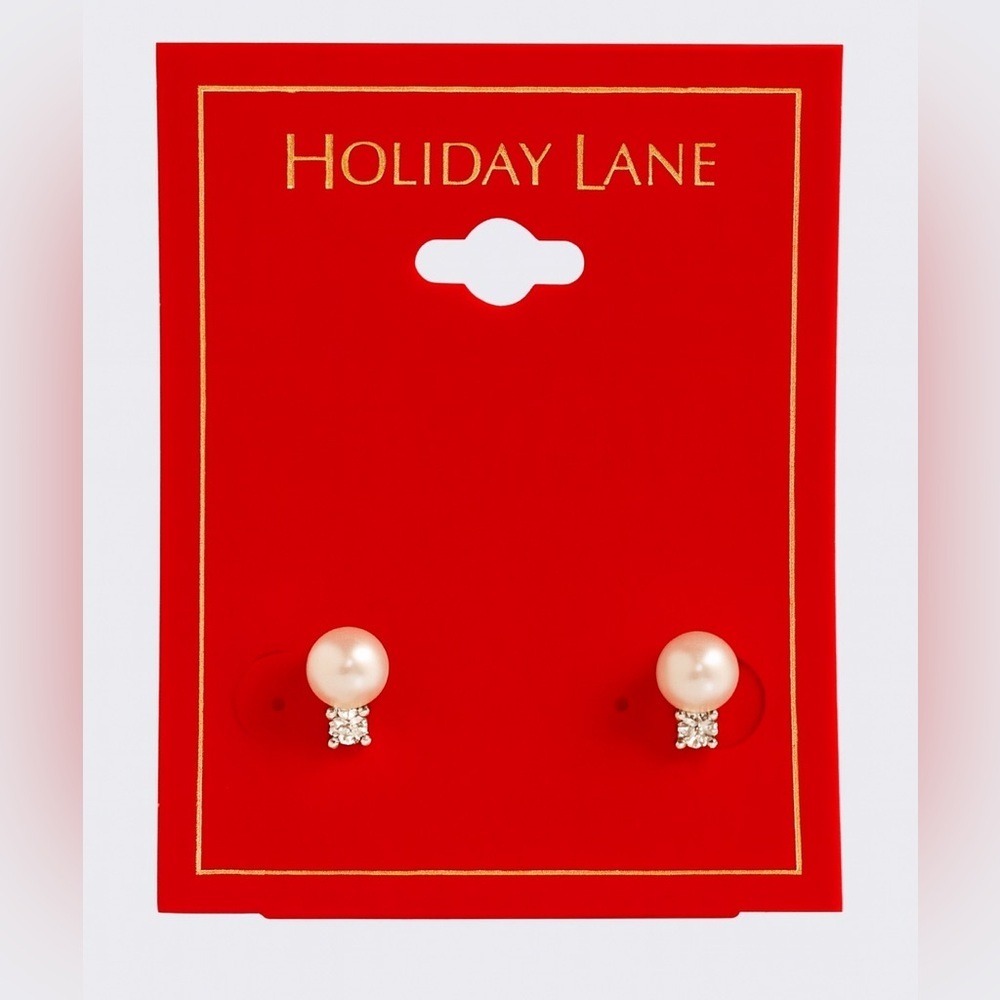 Holiday Lane Faux Pearl &‎ Crystal Stud Earrings Classic Gold Tone